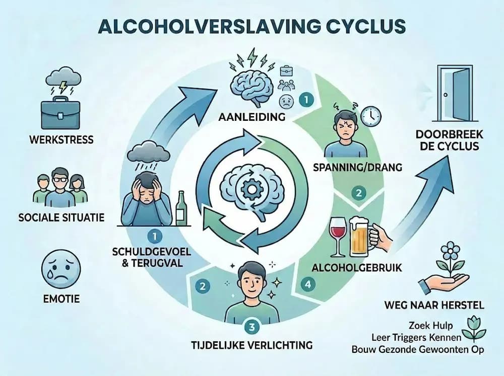 Illustratie van de cyclus van alcoholverslaving: trigger, spanning, alcohol, tijdelijke opluchting, schuld of terugval