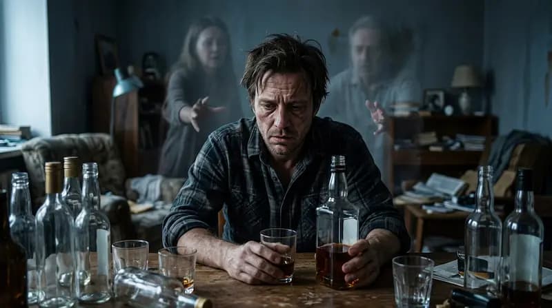Man met alcoholverslaving zit alleen aan tafel omringd door flessen