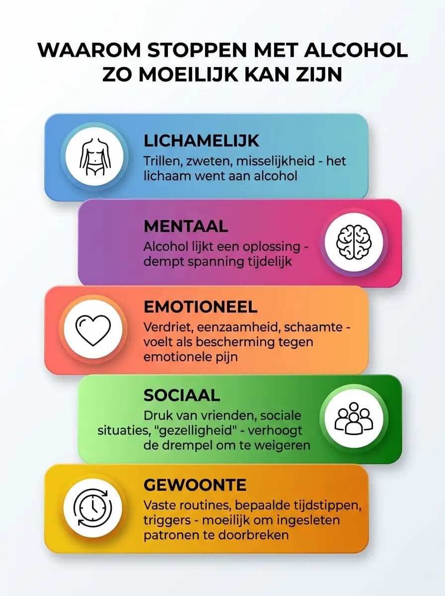 Illustratie waarom stoppen met alcohol moeilijk kan zijn: verschillende lagen zoals lichamelijk, mentaal, emotioneel, sociaal en gewoonte